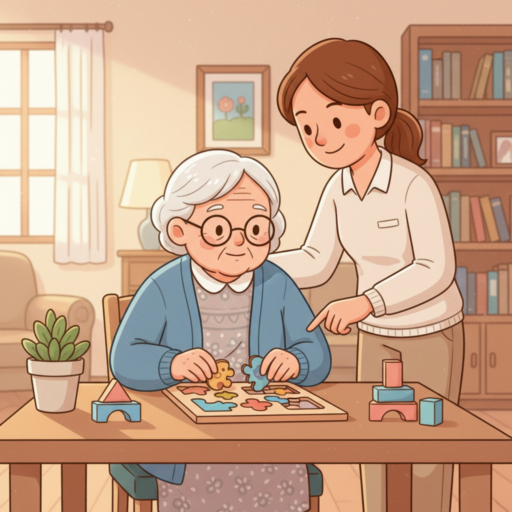 Betreuerin nimmt sich Zeit für ein Gespräch mit Seniorin